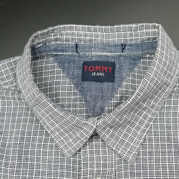Tommy Jeans Extra Large Short Sleeve Button Down Blue & White Plaid Shirt - Picture 3 of 4